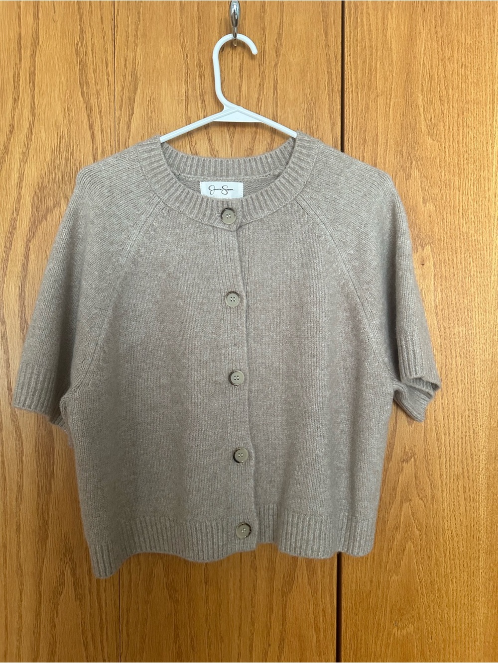 Jessica Simpson Short-Sleeve Button Cardigan in Taupe